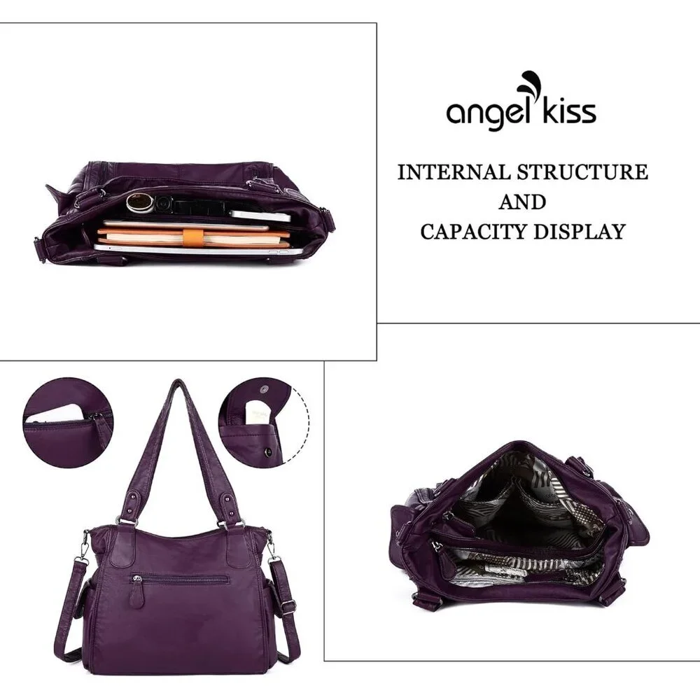 〽️Women's Purple PU Leather Hobo Shoulder Bag with Top Handle and Zipper Pockets